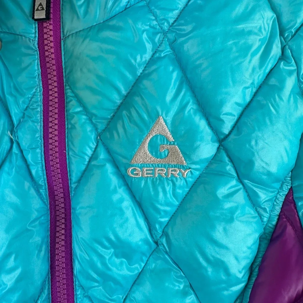 Gerry Kids Down Puffer Jacket L 14/16 Blue Purple Hooded Quilted Coat Gorpcore